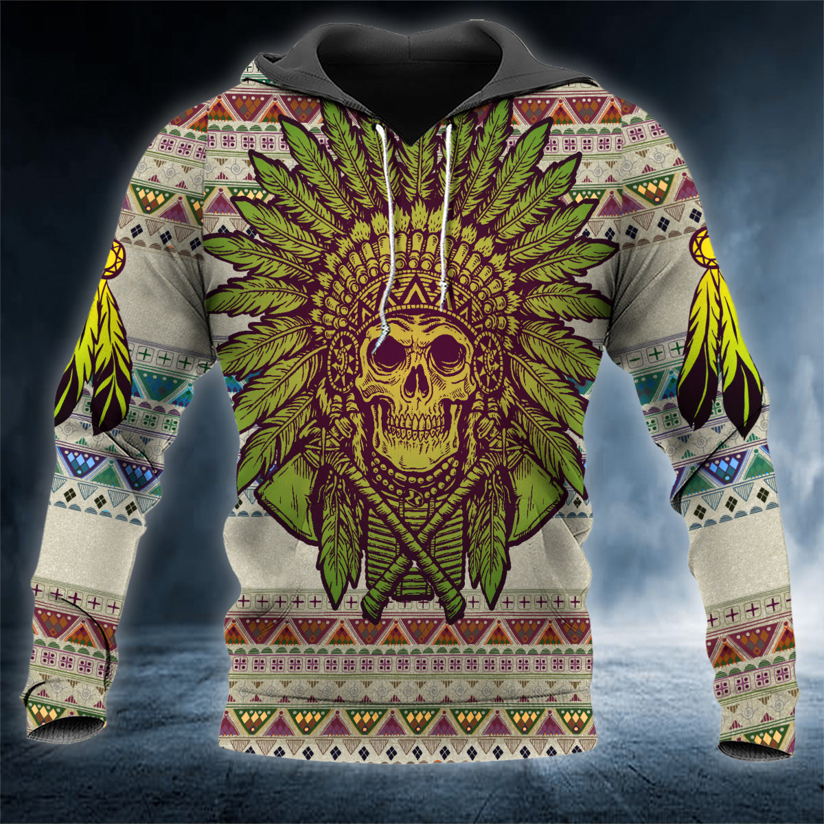 Brocade Pattern Native Skull 3D All Over Printed Unisex Hoodie US Size