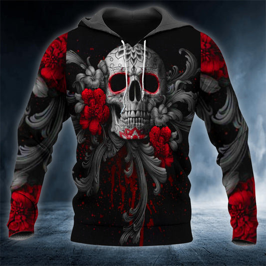 Black Red Roses Sugar Skull 3D All Over Printed Unisex Hoodie US Size