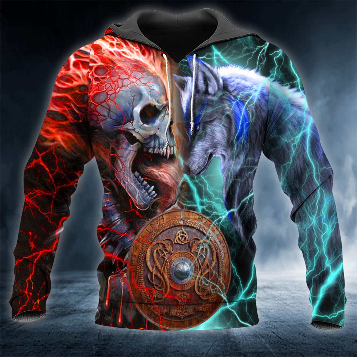 Red Blue Lightning Combat Wolf N Skull 3D All Over Printed Unisex Hoodie US Size