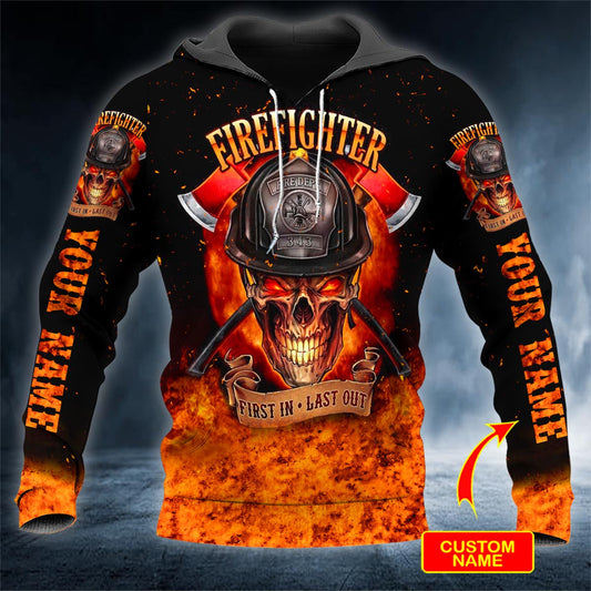 First In Last Out Firefighter Fireman Skull Personalized 3D All Over Printed Unisex Hoodie US Size