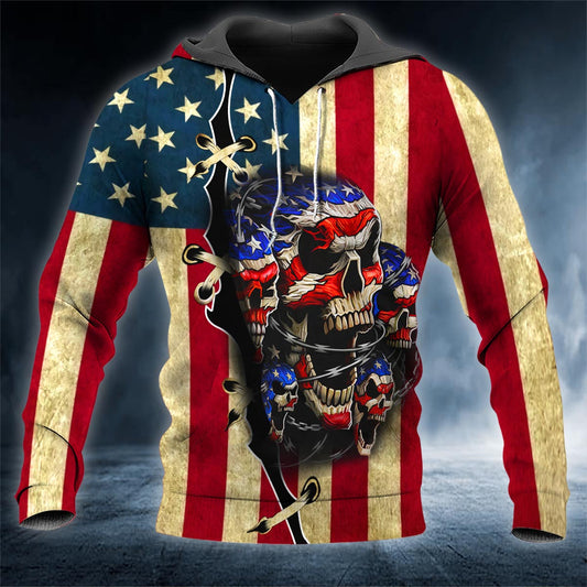 Vintage USA Flag Patriots Skull 3D All Over Printed Unisex Hoodie US Size