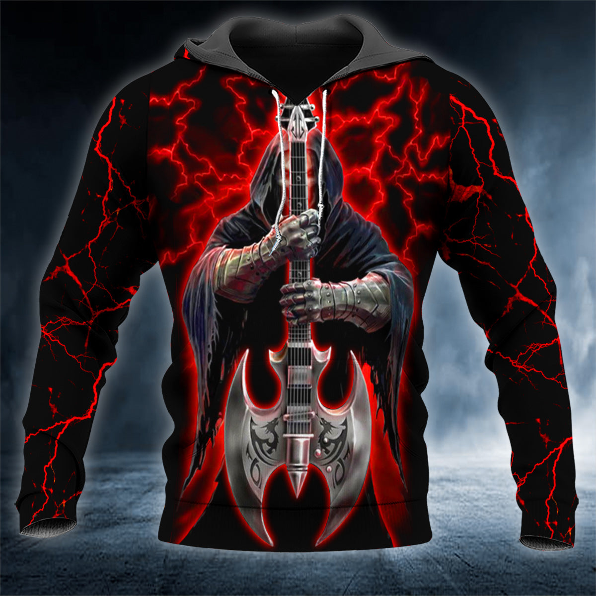 Red Lightning Punk Rock Guitar Robot Skull 3D All Over Printed Unisex Hoodie US Size