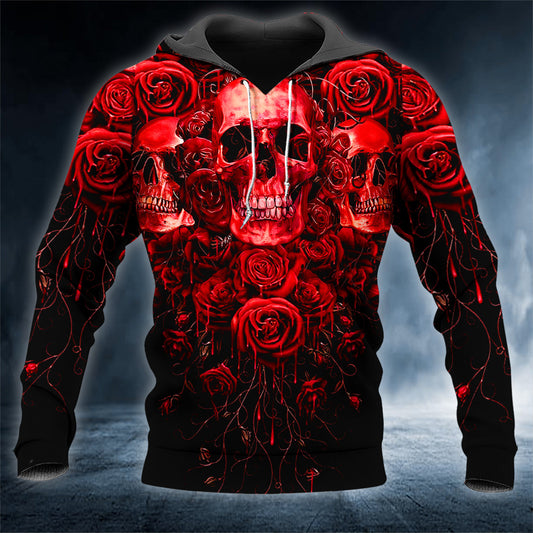 Red Rose Grinning Skull 3D All Over Printed Unisex Hoodie US Size