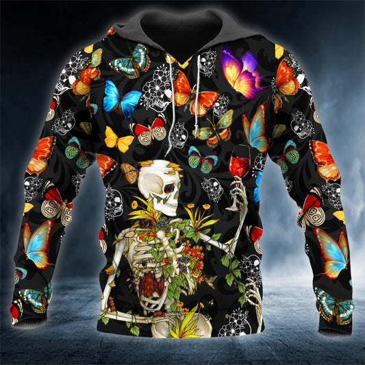 Cool Skeleton Plant Nature Butterfly Funny Skull 3D All Over Printed Unisex Hoodie US Size