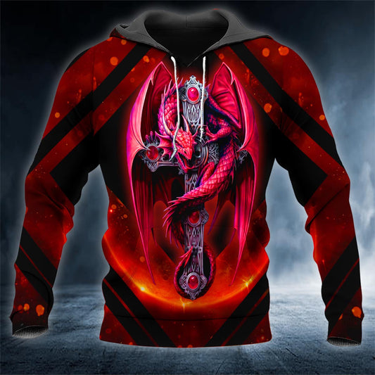 Red Dragon On Cross Skull 3D All Over Printed Unisex Hoodie US Size