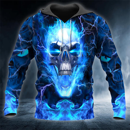 Blue Flaming Skull 3D All Over Printed Unisex Hoodie US Size