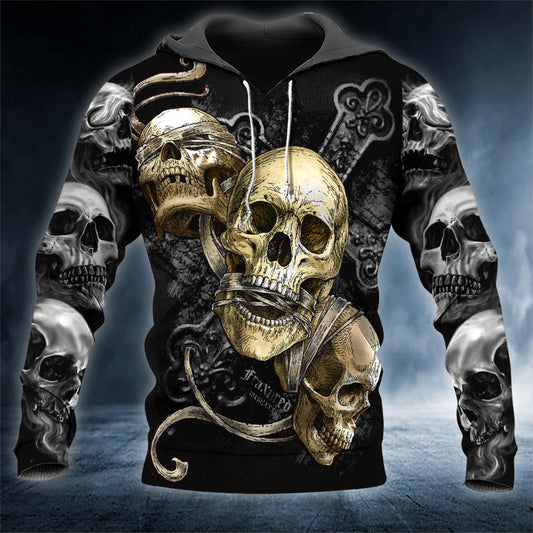 Black IDC IDK IDGAF See Speak Hear No Evil Skull 3D All Over Printed Unisex Hoodie US Size