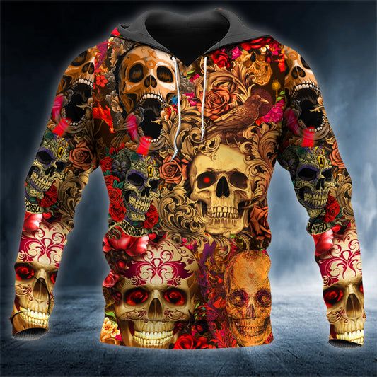 Vintage Floral Skull 3D All Over Printed Unisex Hoodie US Size