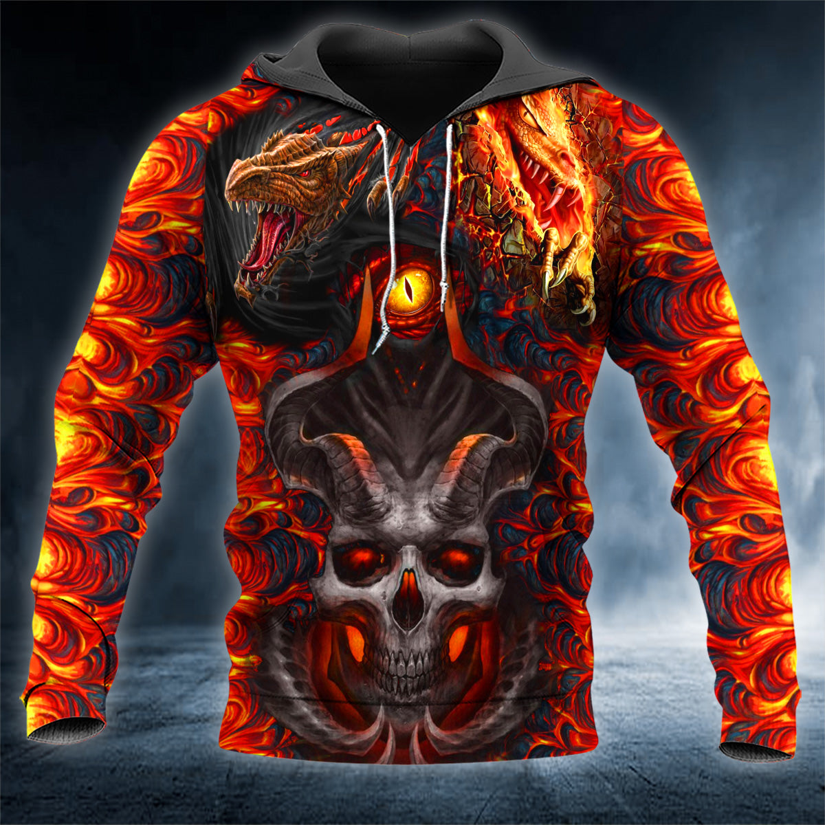 One Eyed Dragon Satanic Baphomet Fire Skull 3D All Over Printed Unisex Hoodie US Size