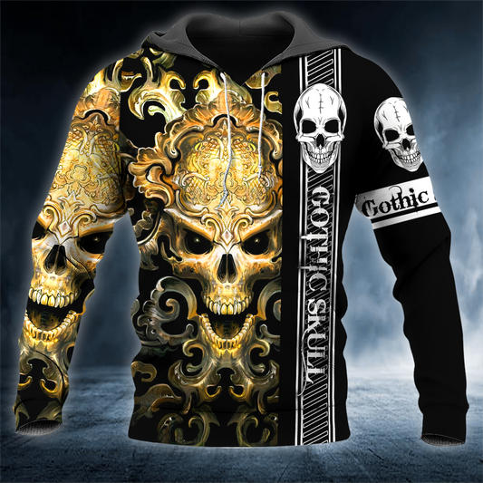 Gold Mandala Pattern Gothic Skull 3D All Over Printed Unisex Hoodie US Size