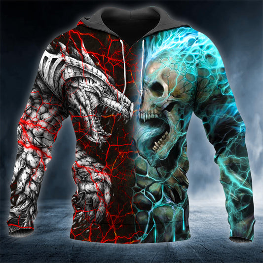 Red Blue Dragon Combat Lava Skull 3D All Over Printed Unisex Hoodie US Size