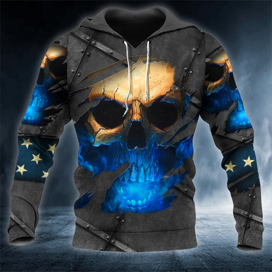 Torn Pattern Yellow And Blue Ghost Skull 3D All Over Printed Unisex Hoodie US Size