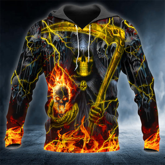 Scythe Of Death Grim Reaper Fire Skull 3D All Over Printed Unisex Hoodie US Size