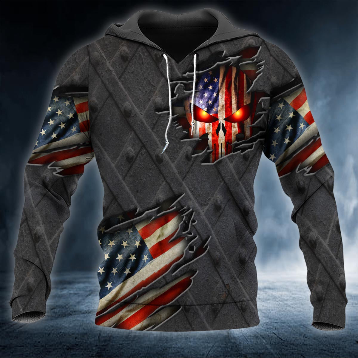 Glowing Eyes Patriotic Skull 3D All Over Printed Unisex Hoodie US Size