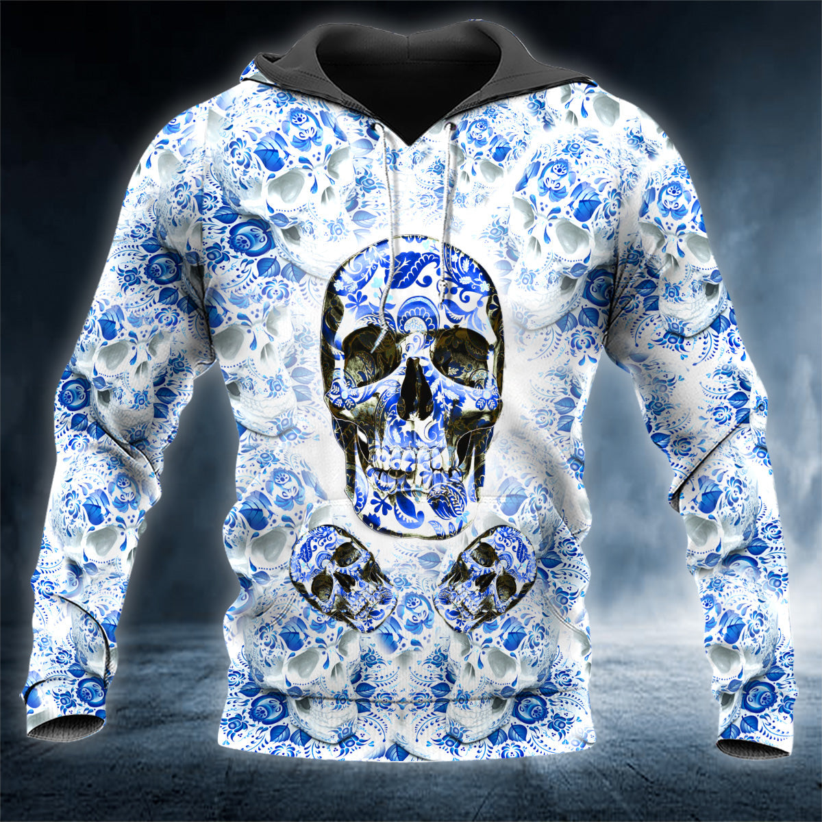 Blue Floral Pattern Ghost Skull 3D All Over Printed Unisex Hoodie US Size