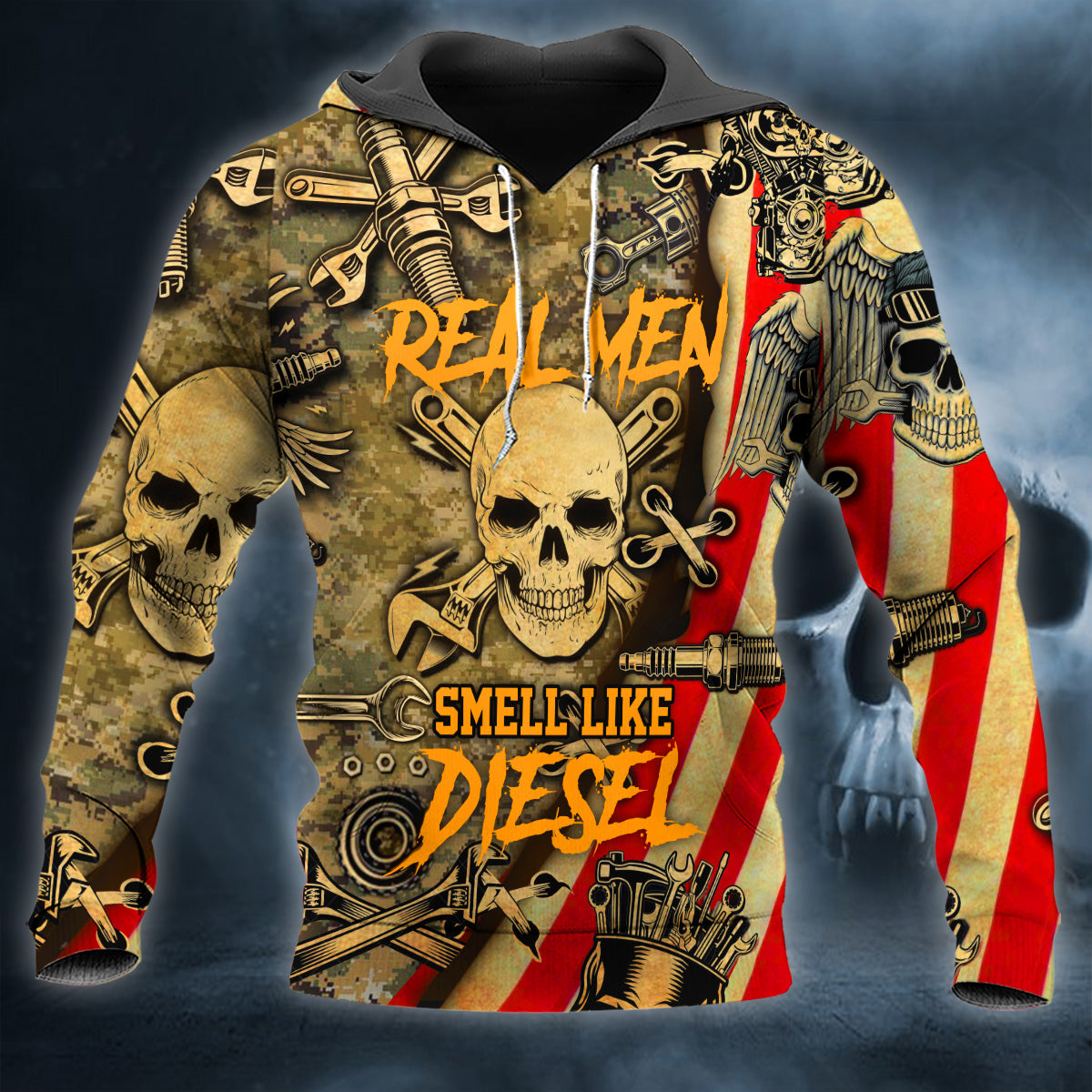 Real Men Smell Like Diesel American Flag Wrenches Piston Skull 3D All Over Printed Unisex Hoodie US Size