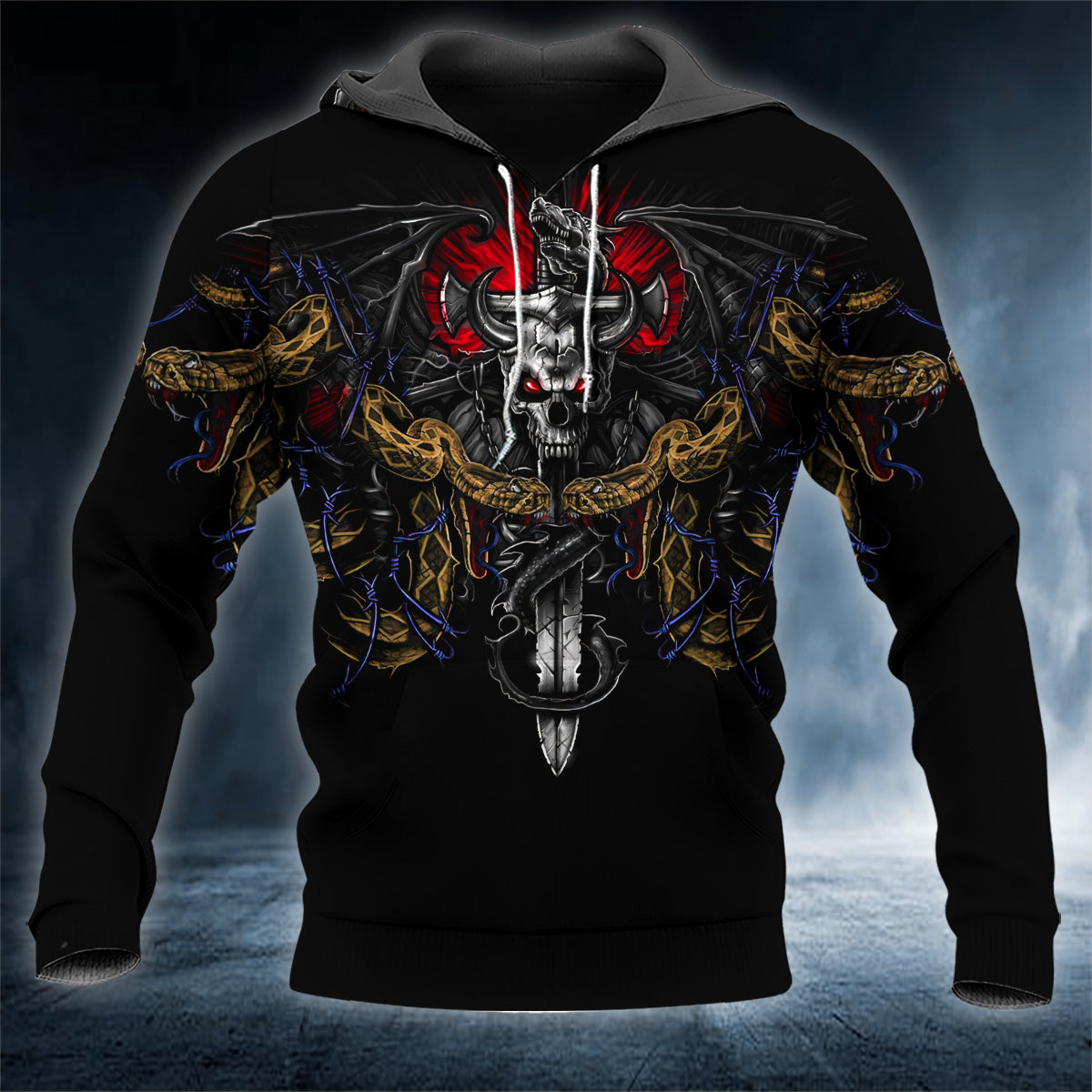 Cobra Snake Dragon On Cross Swords Skull 3D All Over Printed Unisex Hoodie US Size