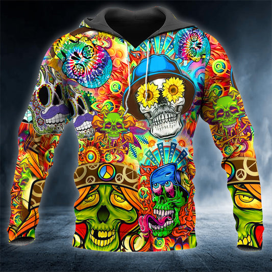 Colorful Hippie Skull 3D All Over Printed Unisex Hoodie US Size