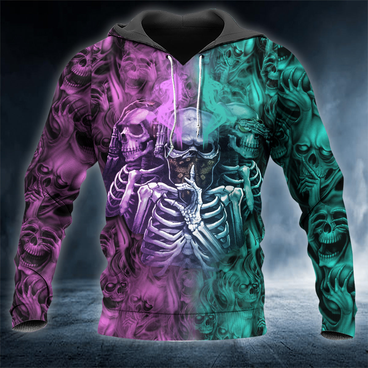 Purple Green Ombre IDC IDK IDGAF See Speak Hear No Evil Skull 3D All Over Printed Unisex Hoodie US Size