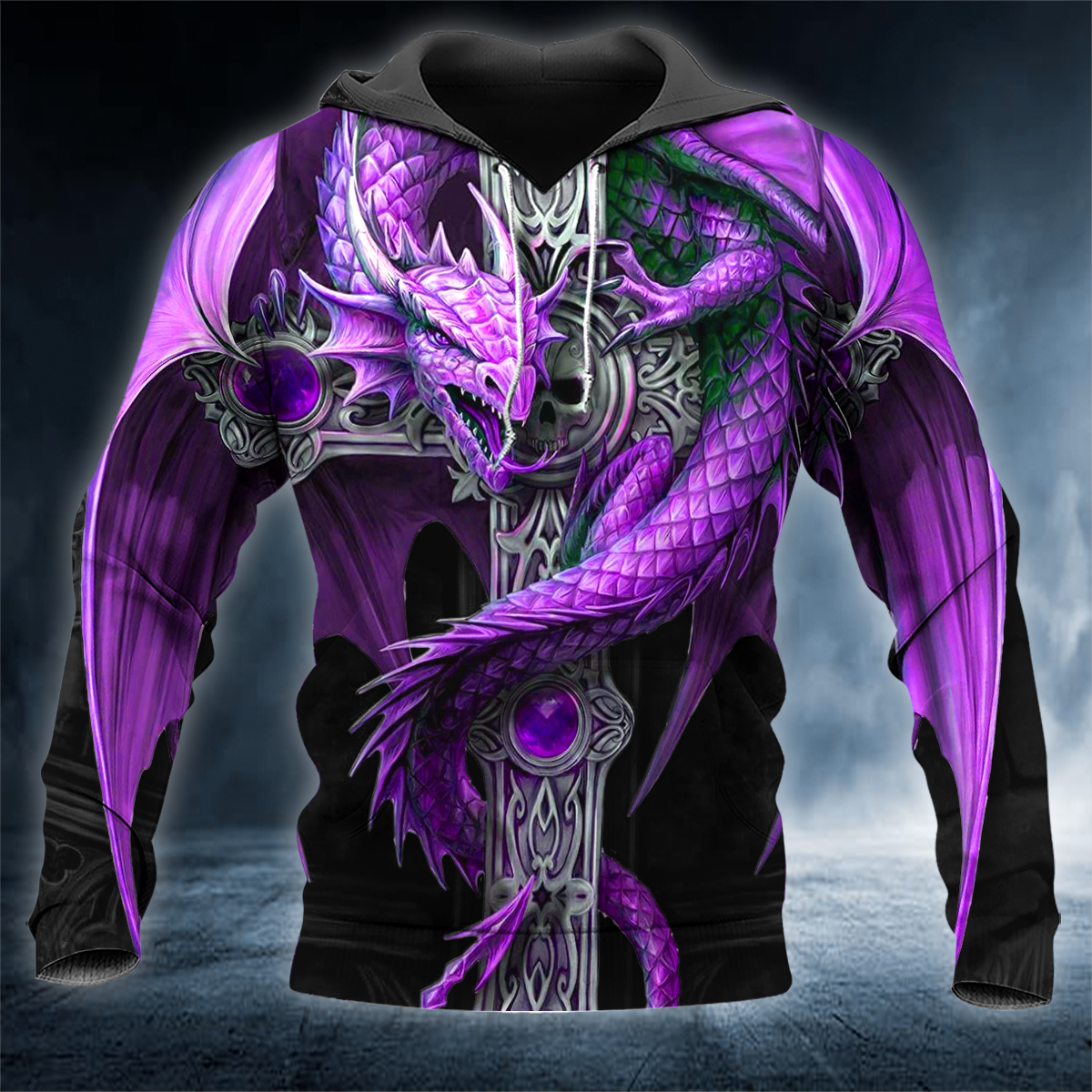 Purple Winged Dragon On Cross Sword Skull 3D All Over Printed Unisex Hoodie US Size