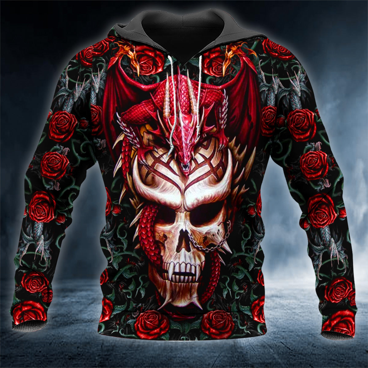 Red Roses Dragon Skull 3D All Over Printed Unisex Hoodie US Size