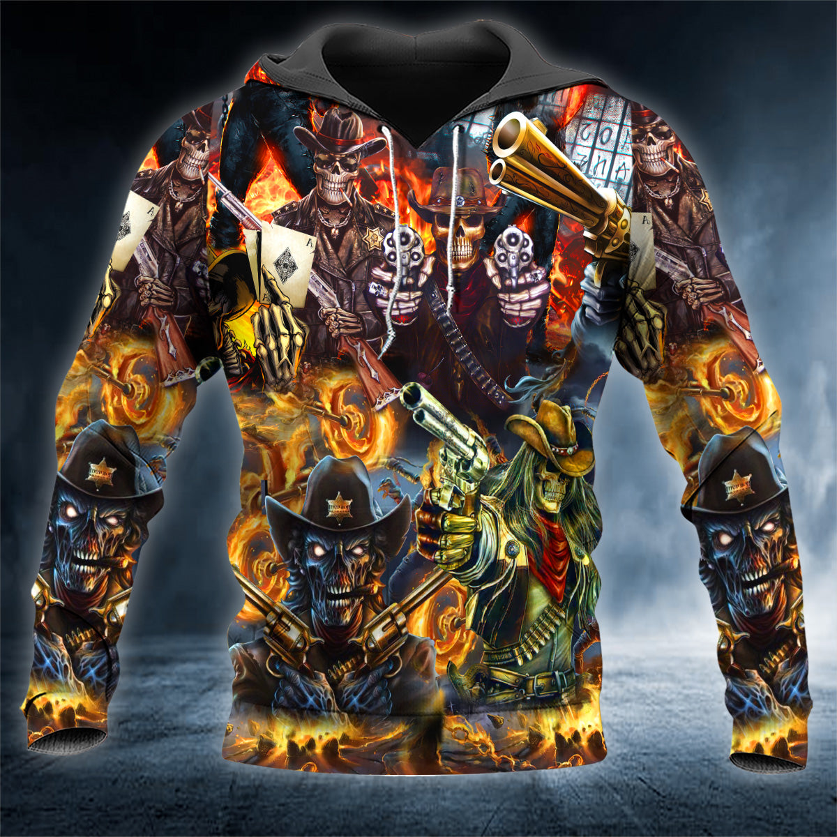 Cowboy Skeleton Gun Fight Skull 3D All Over Printed Unisex Hoodie US Size