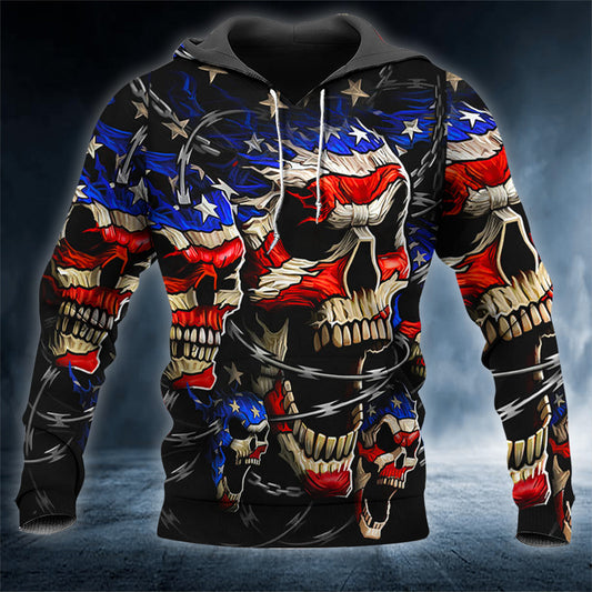 Creepy American Flag Patriotic Skull 3D All Over Printed Unisex Hoodie US Size