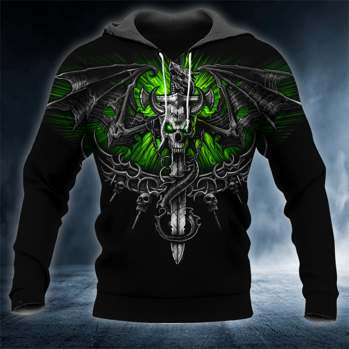 Neon Green Winged Dragon On Cross Sword Skull 3D All Over Printed Unisex Hoodie US Size