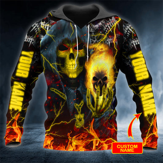 Hunter Grim Reaper Fire Ghost Skull Personalized 3D All Over Printed Unisex Hoodie US Size