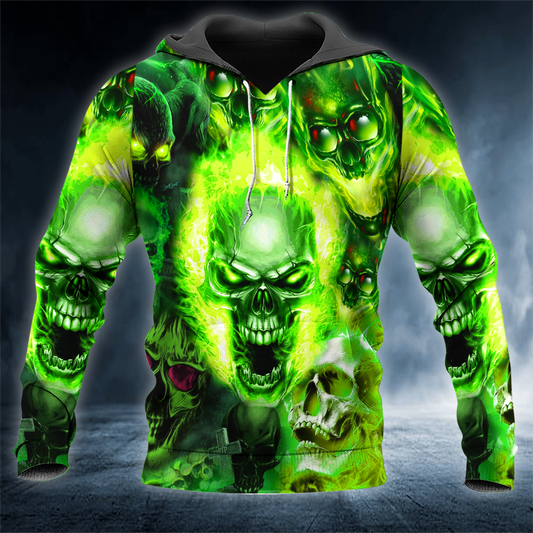 Green Flame Ghost Skull 3D All Over Printed Unisex Hoodie US Size