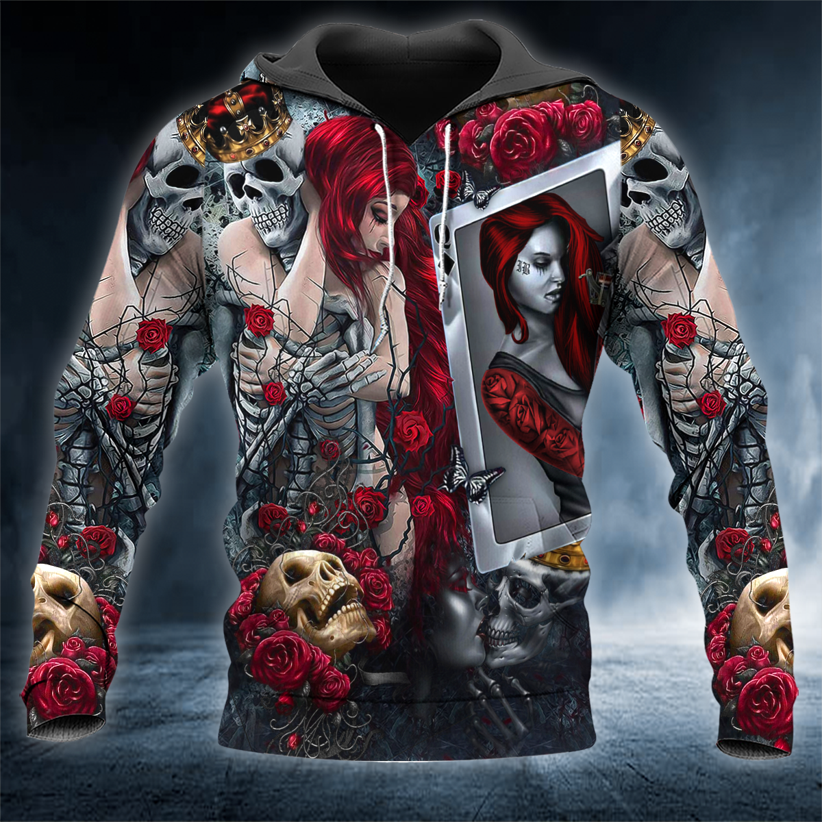 Skeleton Hug Rose Girl Dead Kiss Skull 3D All Over Printed Unisex Hoodie US Size