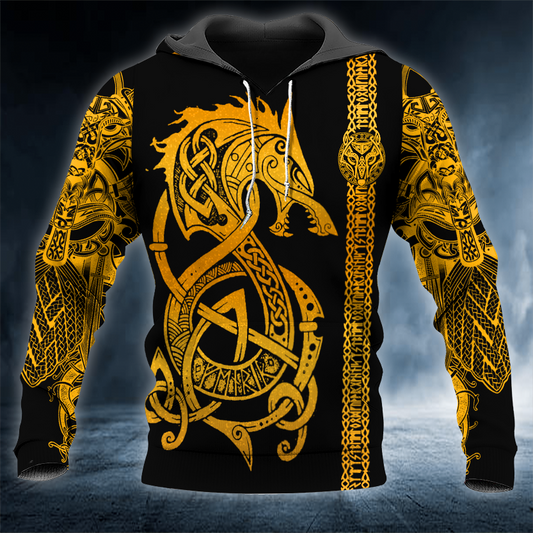 Gold Odin King Viking Dragon Tattoo 3D All Over Printed Unisex Hoodie US Size