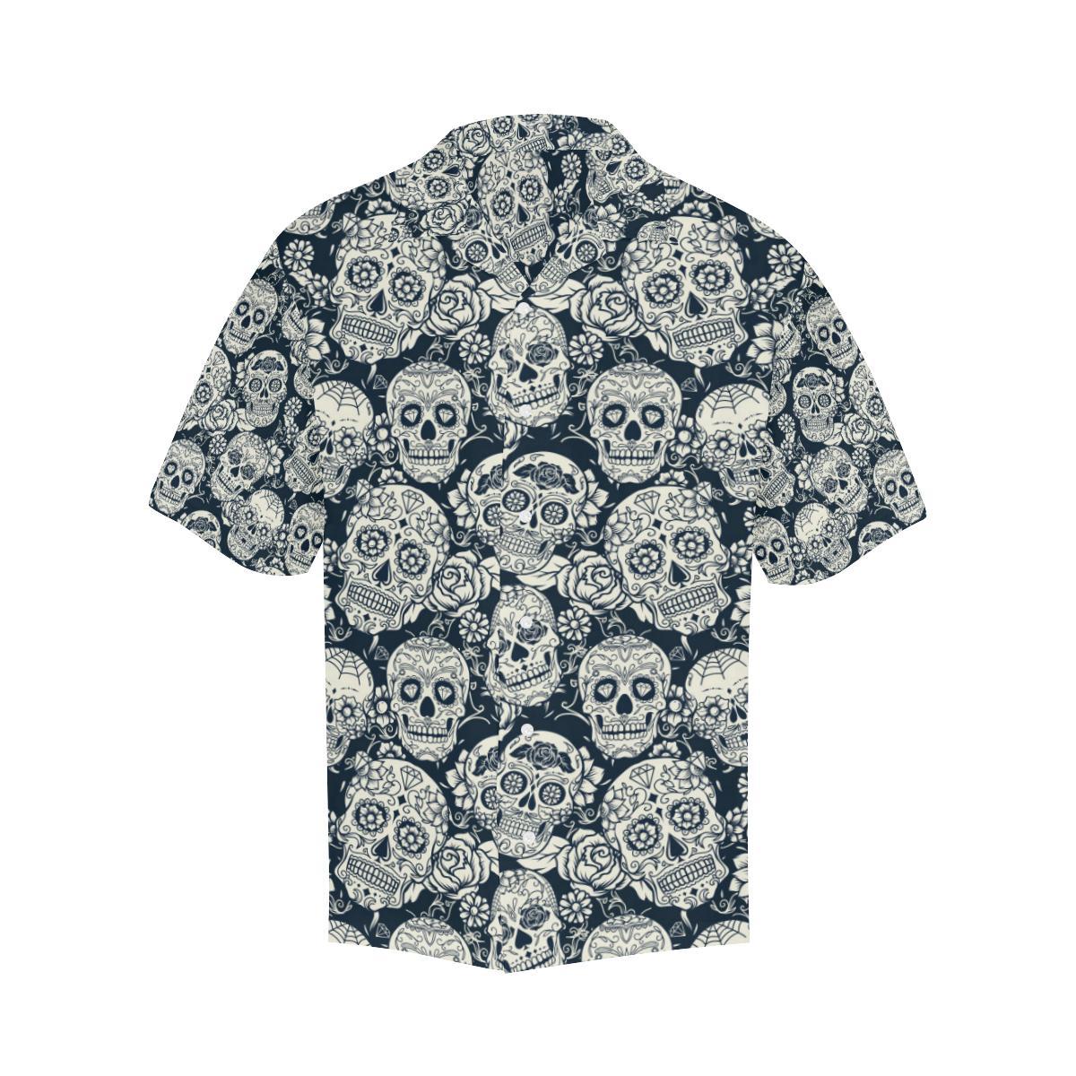 Sugar Skull Black White Pattern Mens All Over Print Hawaiian Shirt