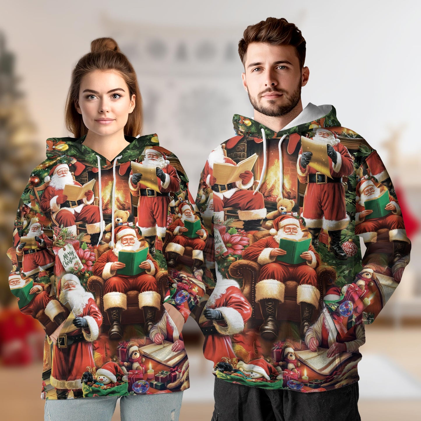 Santa Claus Reading Book Christmas All Over Print Hoodie, Graphic Design
