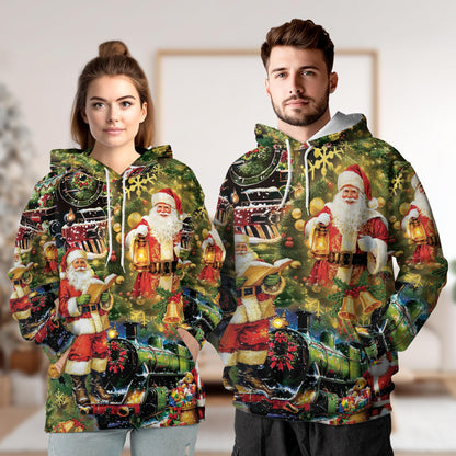 Santa Christmas Train All Over Print Hoodie, Festive Graphic Design