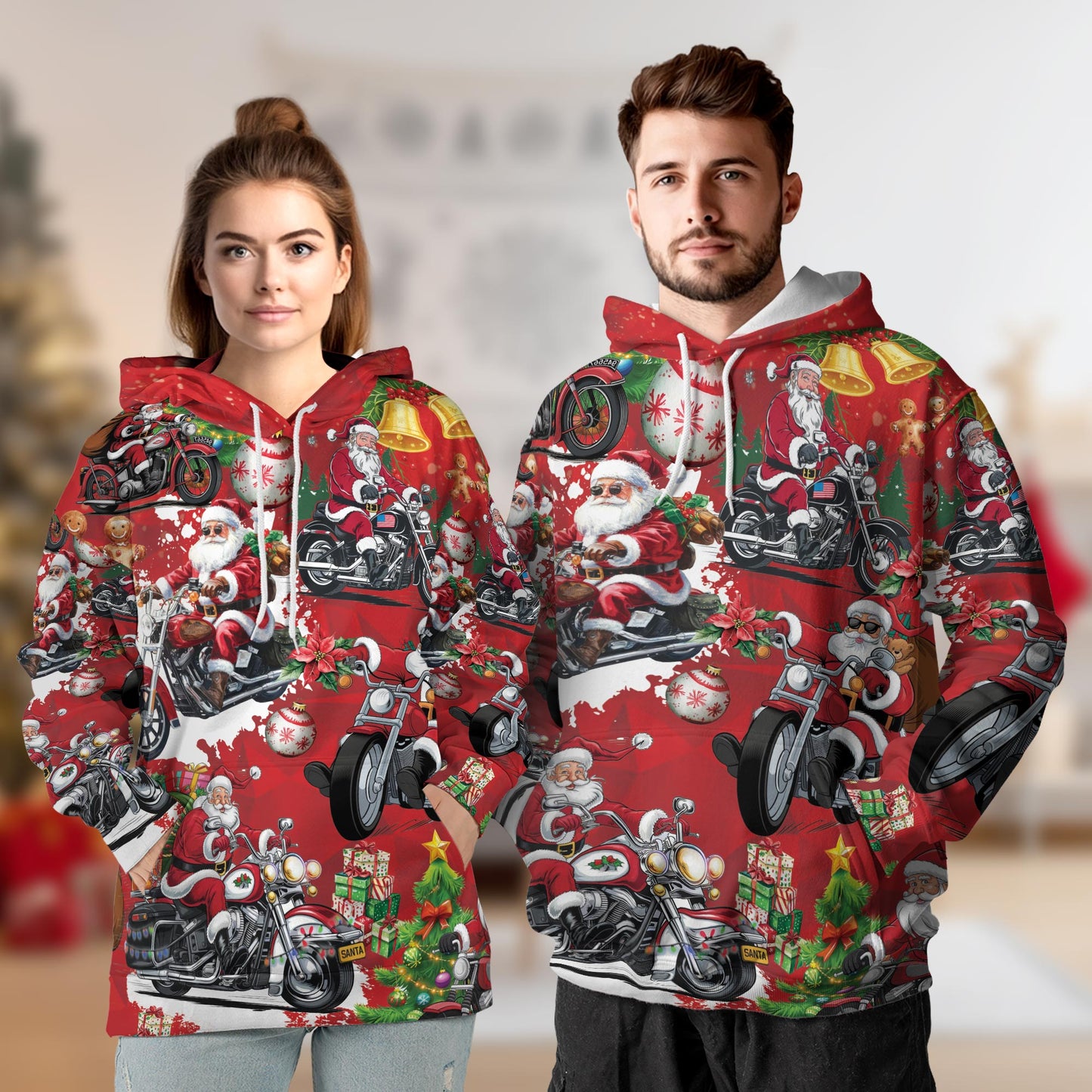 Santa Claus Riding Motorcycle All Over Print Hoodie, Holiday Biker Graphic Design
