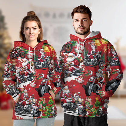 Santa Claus Riding Motorcycle All Over Print Hoodie, Holiday Biker Graphic Design