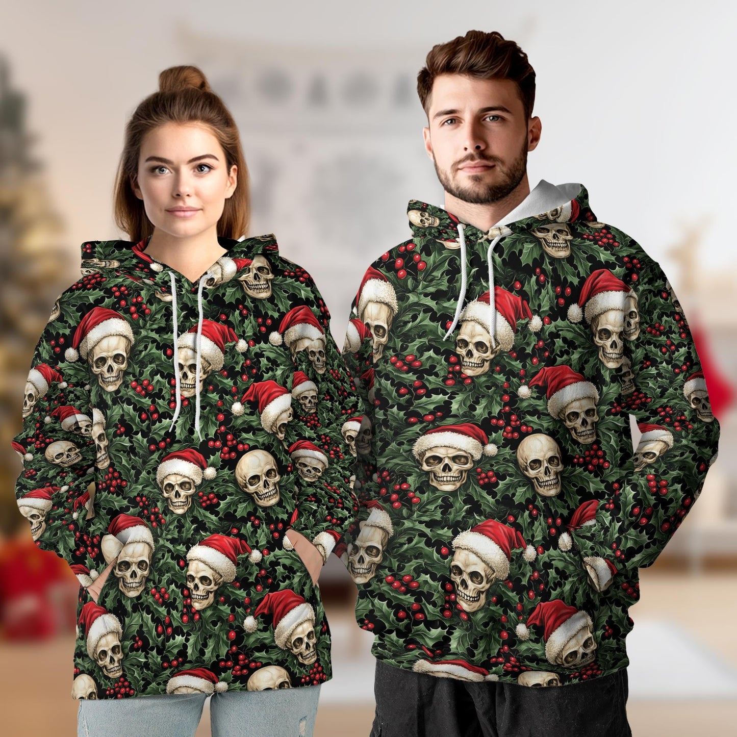 Skull Santa Hat Christmas All Over Print Hoodie, Gothic Graphic Design