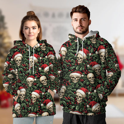 Skull Santa Hat Christmas All Over Print Hoodie, Gothic Graphic Design