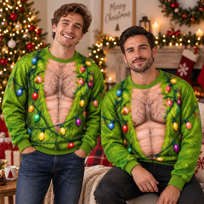 Hairy Chest Christmas Lights Sweatshirt – Funny Green Holiday Graphic 3D All Over Print Design