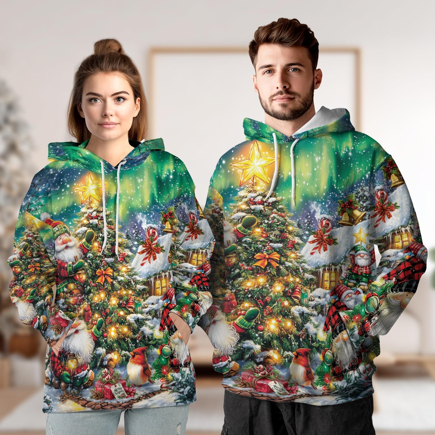 Christmas Gnome All Over Print Hoodie, Funny Santa Xmas Graphic Design