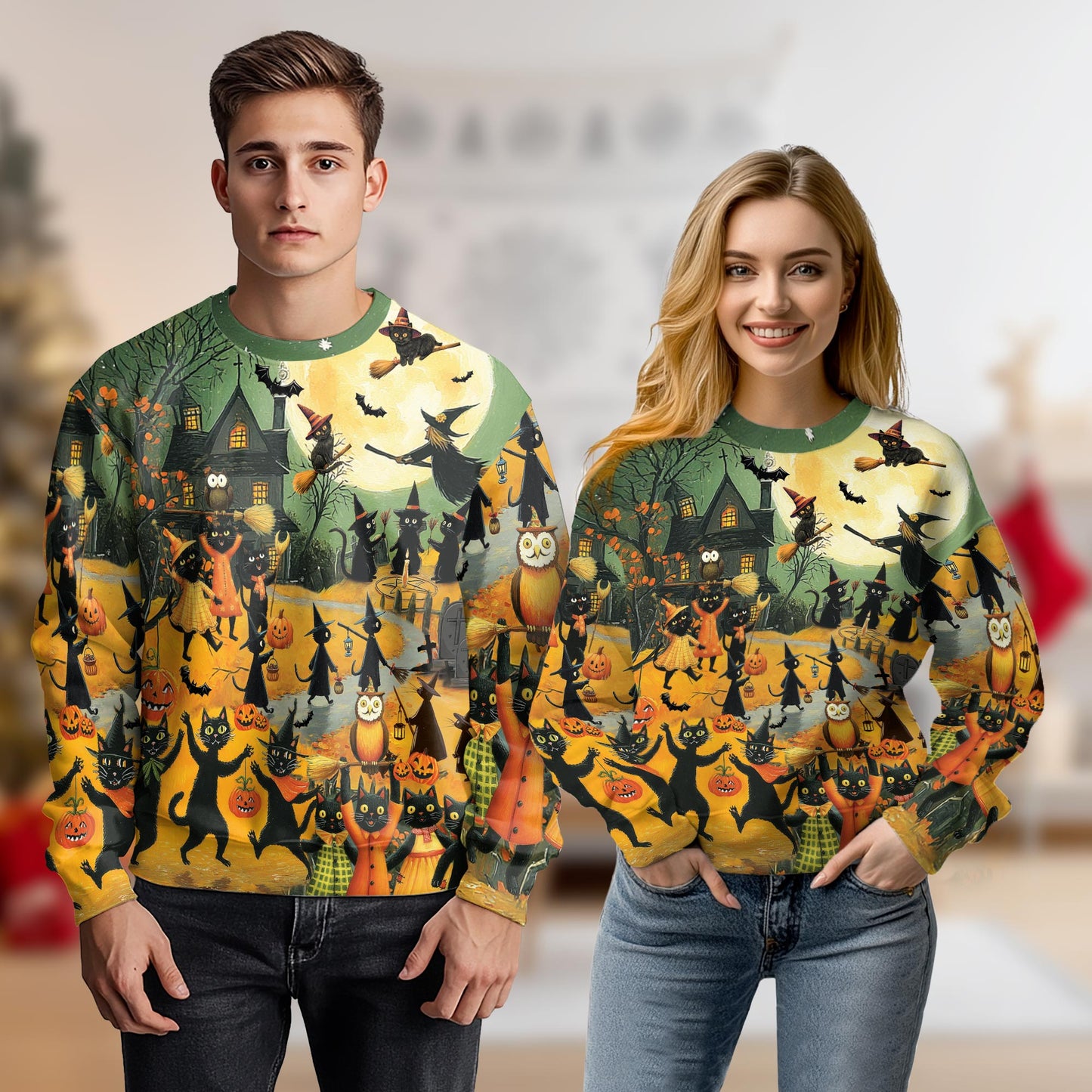 Halloween Black Cat Witch Sweatshirt – Colorful Graphic 3D All Over Print Design
