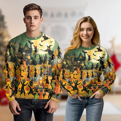 Halloween Black Cat Witch Sweatshirt – Colorful Graphic 3D All Over Print Design