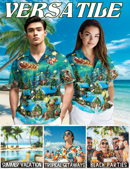 Magical Christmas Night Scene Hawaiian Shirt for Men, Button Down Aloha Shirt - Azhawaiian