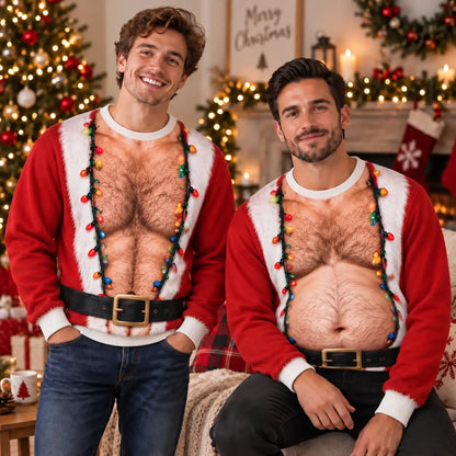 Hairy Chest Santa Sweatshirt – Funny Christmas Lights Santa Costume 3D All Over Print Design