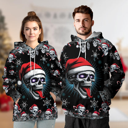 Skull Christmas All Over Print Hoodie, Santa Hat Skeleton Graphic Design