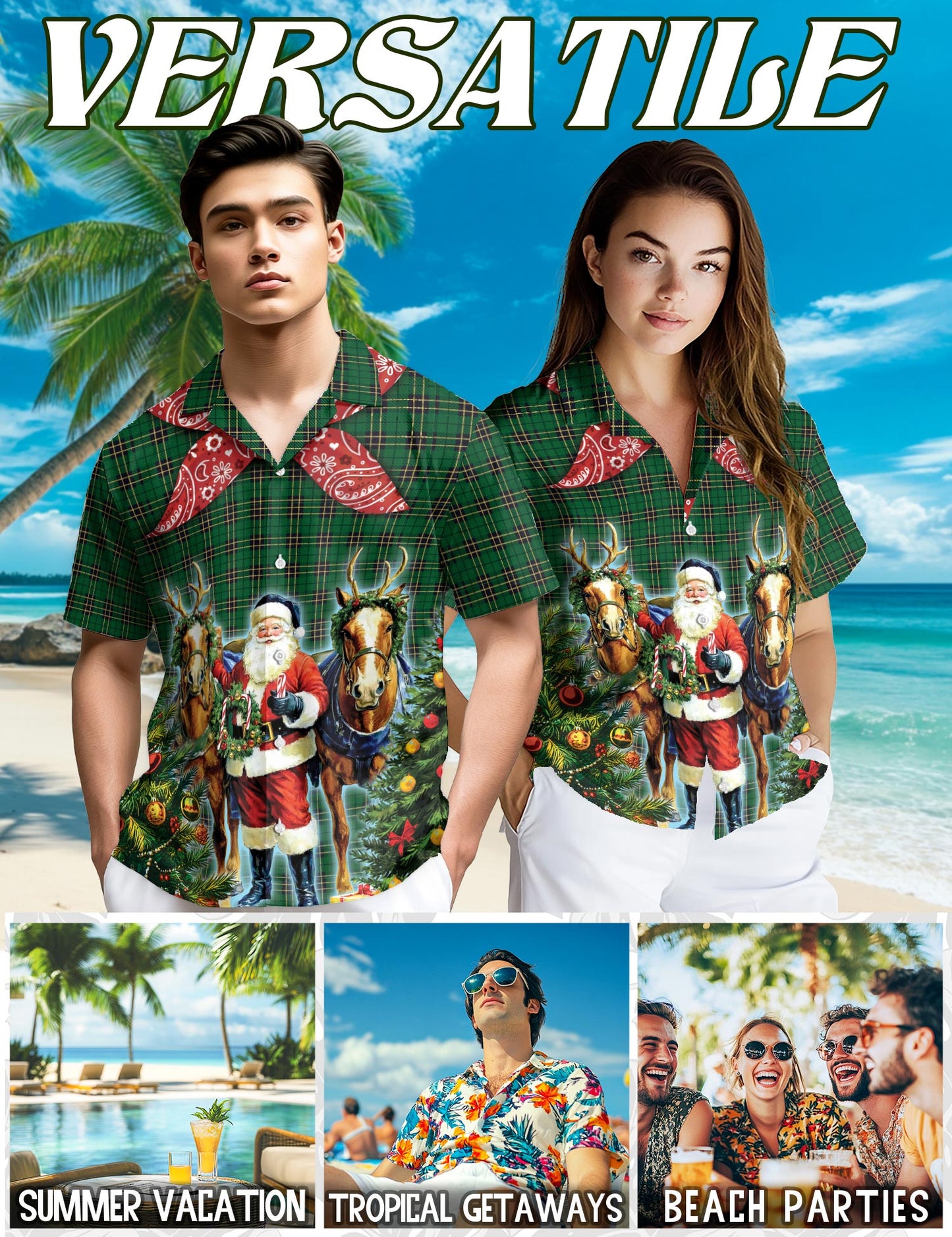 Santa Claus Cowboy Christmas Plaid Pattern Hawaiian Shirt for Men, Button Down Aloha Shirt - Azhawaiian