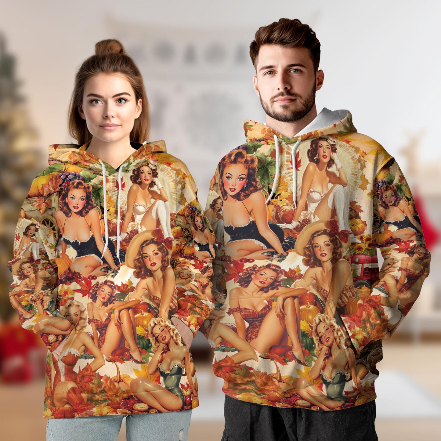 Fall Pin Up Girl All Over Print Hoodie, Vintage Autumn Babe Graphic Design