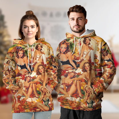 Fall Pin Up Girl All Over Print Hoodie, Vintage Autumn Babe Graphic Design