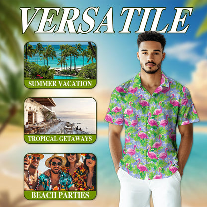 Watercolor Tropical Flamingo Hawaiian Shirt for Men, Button Down Aloha Shirt - Azhawaiian
